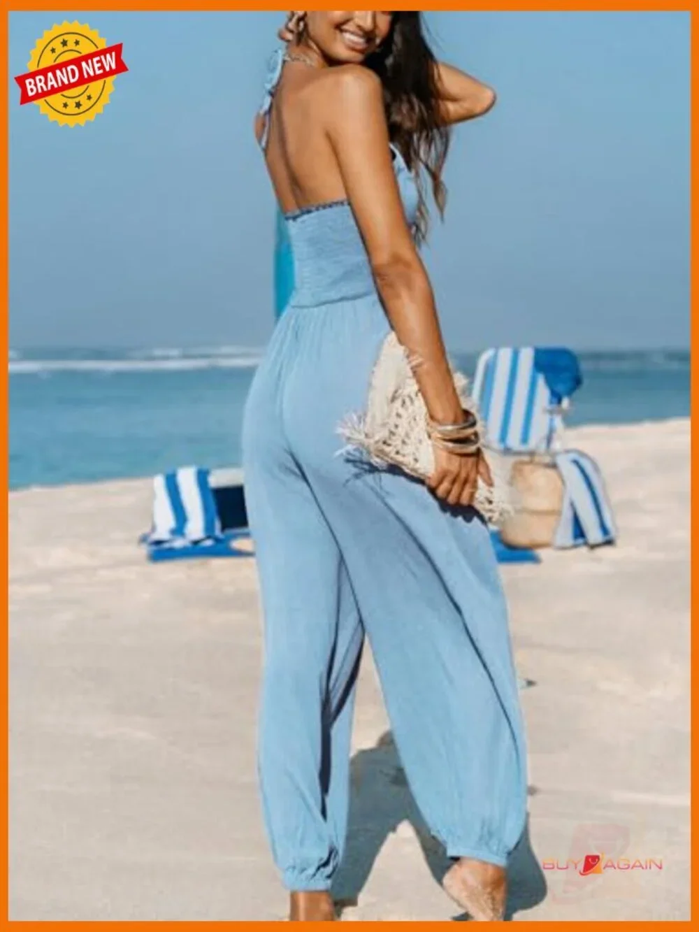 Plunge Halter Sleeveless Pleated Long Romper Jogger Maxi Jumpsuit with Pockets